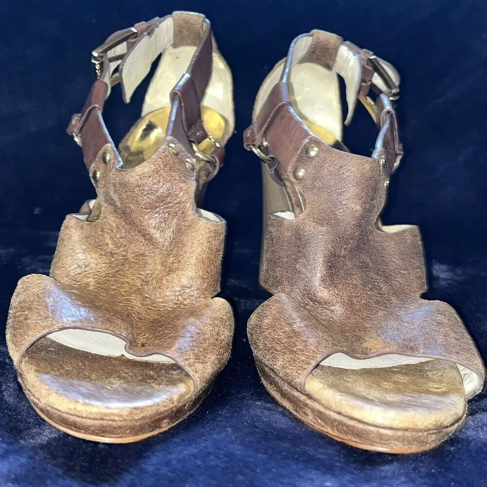 Michael‎ Kors Women’s Briyette Wedge Sandals Sz 8.5 Mocha Brown Leather Buckle